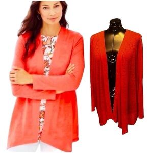 J. Jill Love Linen 100% Linen Open Front Long Line Laganlook Cardigan in Coral